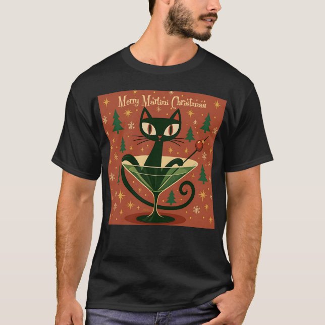 Mid Century Black Cat Merry Martini Christmas T-Shirt (Front)