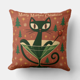 Mid Century Black Cat Merry Martini Christmas Throw Pillow