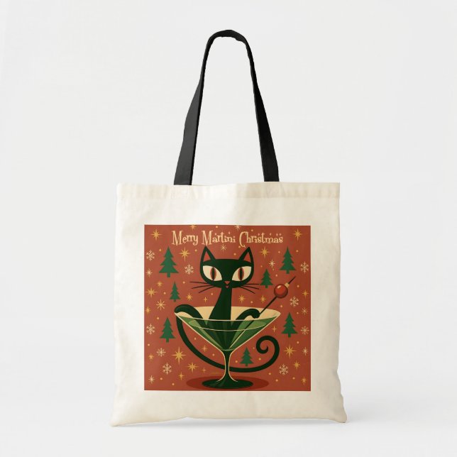 Mid Century Black Cat Merry Martini Christmas Tote Bag (Front)