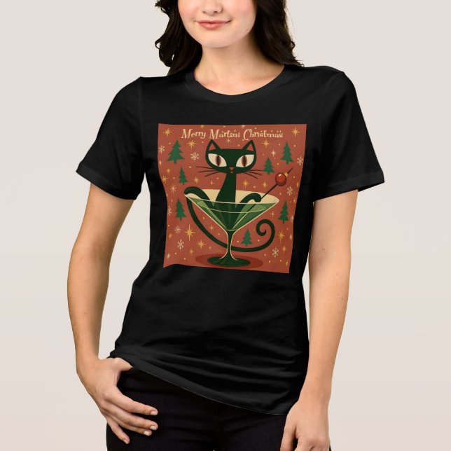 Mid Century Black Cat Merry Martini Christmas Tri-Blend Shirt (Front)