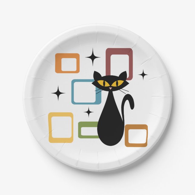 Mid Century black cat Paper Plates (Front)