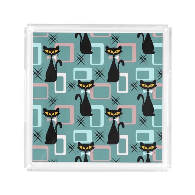 Mid Century black cat pattern  Acrylic Tray (Front)
