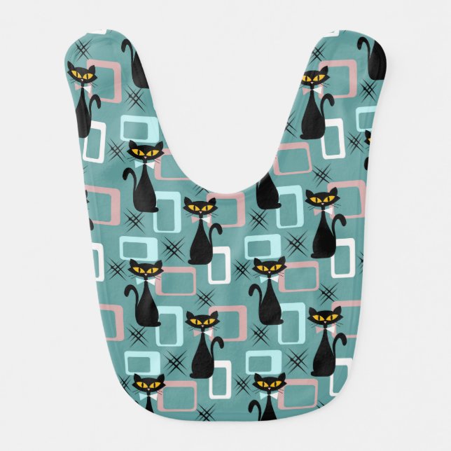 Mid Century black cat pattern Baby Bib (Front)