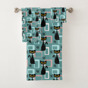 Mid Century black cat pattern Bath Towel Set