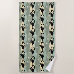 Mid Century black cat pattern Beach Towel
