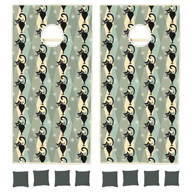 Mid Century black cat pattern Cornhole Set (Set)