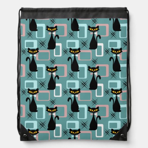 Mid Century black cat pattern Drawstring Bag
