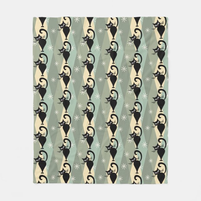 Mid Century black cat pattern Fleece Blanket (Front)