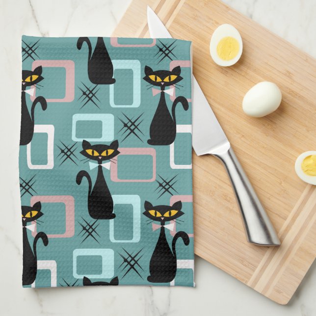 Mid Century black cat pattern Kitchen Towel (Quarter Fold)