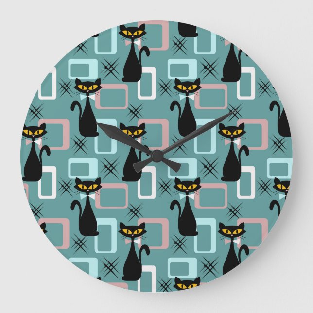 Mid Century black cat pattern Large Clock (Front)