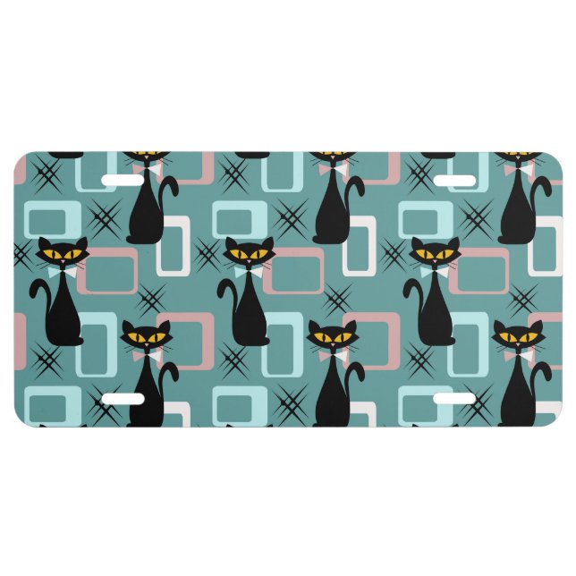 Mid Century black cat pattern License Plate (Front)