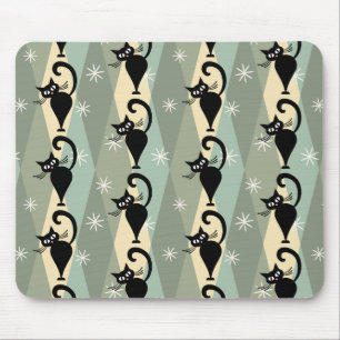 Mid Century black cat pattern Mouse Pad