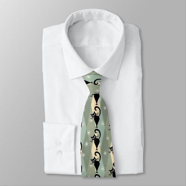 Mid Century black cat pattern Neck Tie (Tied)