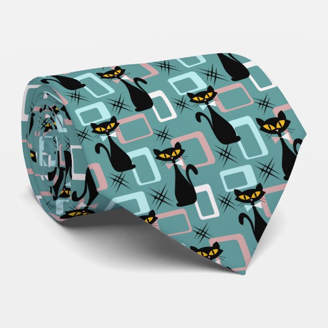 Mid Century black cat pattern  Neck Tie (Rolled)
