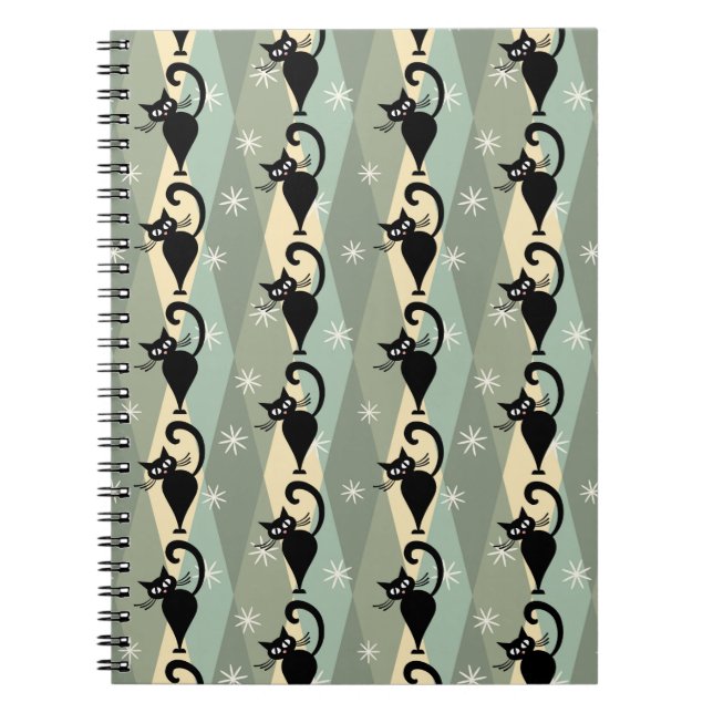 Mid Century black cat pattern Notebook (Front)