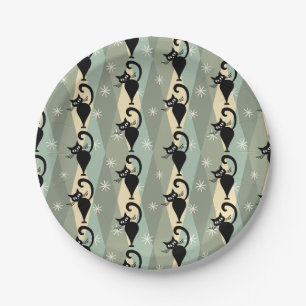 Mid Century black cat pattern Paper Plates