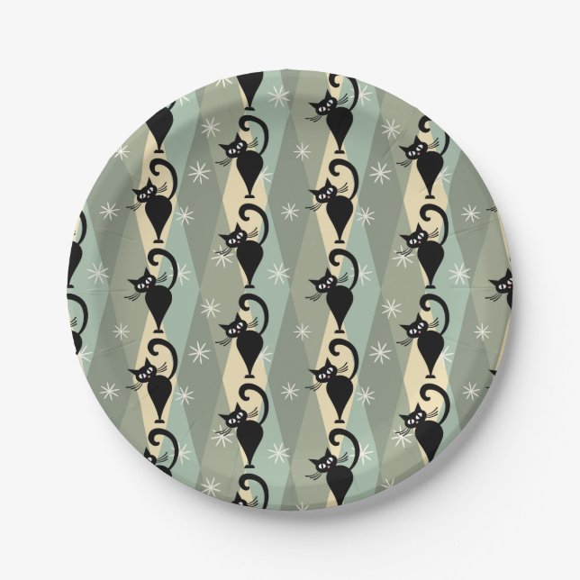 Mid Century black cat pattern Paper Plates (Front)