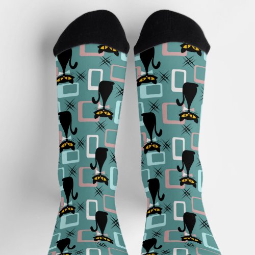 Mid Century black cat pattern  Socks