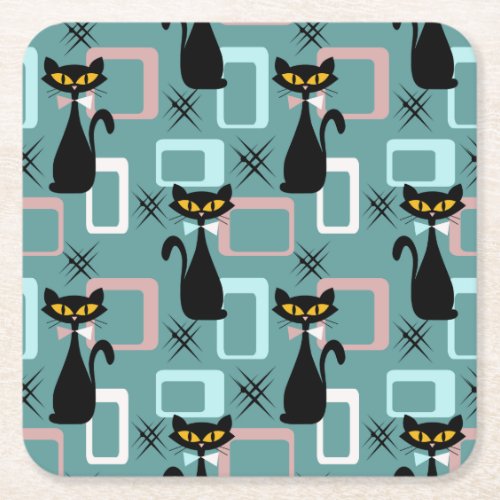 Mid Century black cat pattern Square Paper Coaster