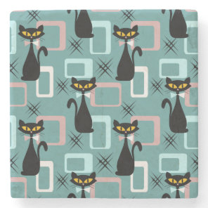 Mid Century black cat pattern Stone Coaster