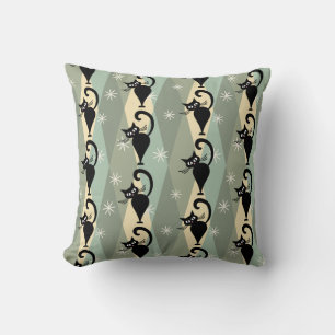Mid Century black cat pattern Throw Pillow