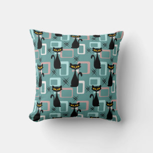 Mid Century black cat pattern Throw Pillow