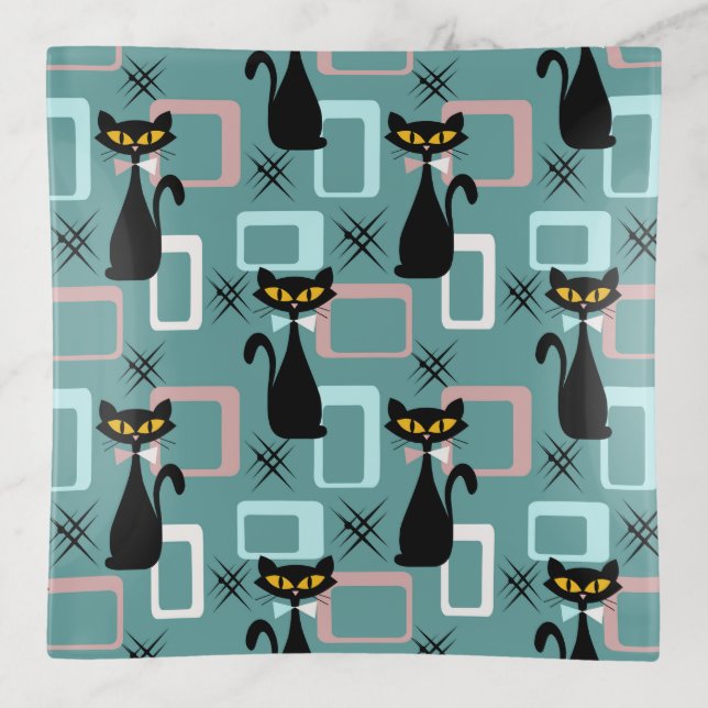 Mid Century black cat pattern  Trinket Tray (Front)