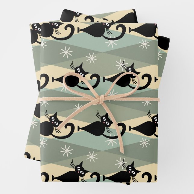 Mid Century black cat pattern Wrapping Paper Sheets (In situ)
