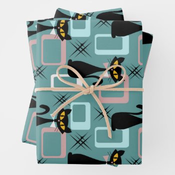 Mid Century Black Cat Pattern Wrapping Paper Sheets by BattaAnastasia at Zazzle