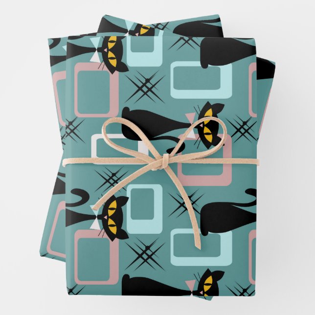 Mid Century black cat pattern Wrapping Paper Sheets (In situ)
