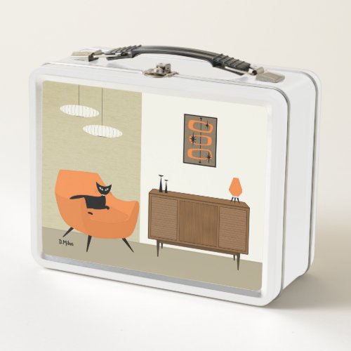 Mid Century Black Cat with Oblongs Metal Lunch Box
