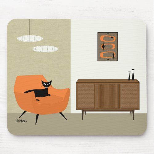 Mid Century Black Cat with Oblongs Mouse Pad