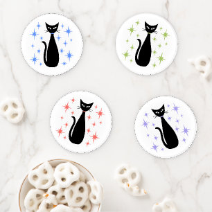 Mid Century Black Cat with Starbursts Coaster Set