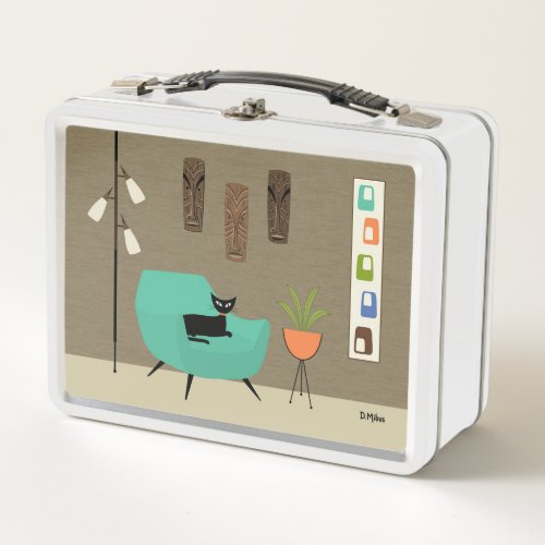 Mid Century Black Cat with Tikis Metal Lunch Box