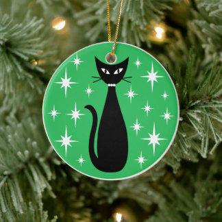 Mid Century Black Cat with White Stars on Green Ceramic Ornament