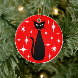 Mid Century Black Cat with White Stars on Red Ceramic Ornament