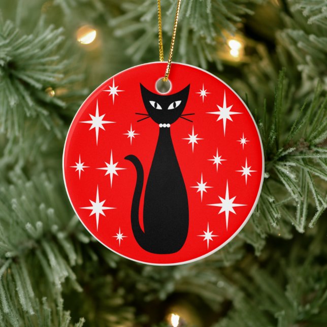 Mid Century Black Cat with White Stars on Red Ceramic Ornament (Tree)