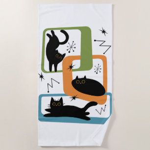 Mid Century black cats Beach Towel