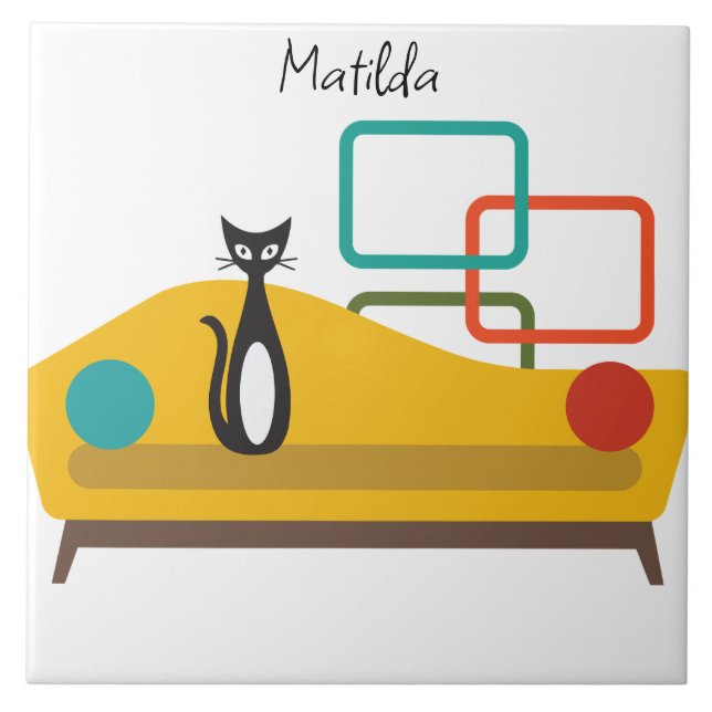 Mid-century black & white cat on sofa. 1950s  ceramic tile (Front)