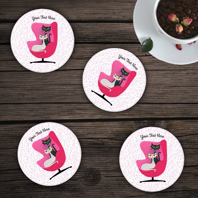 Mid Century Black White Cats Pink Chair Polka Dots Coaster Set (Classy Atomic 1950's cats in pink mid century chair on white with pink dots acrylic drink coasters.)
