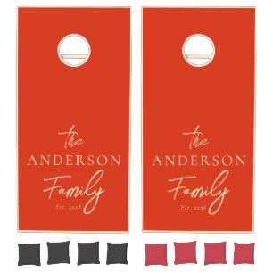 Mid-Century Blood Orange Hand Written Family Name Cornhole Set
