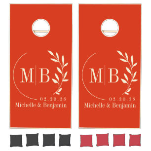 Mid-Century Blood Orange Leaf Wedding Monogram Cornhole Set