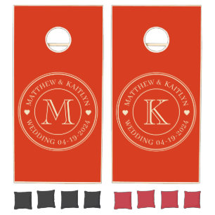 Mid-Century Blood Orange Wedding Monogram Heart Cornhole Set