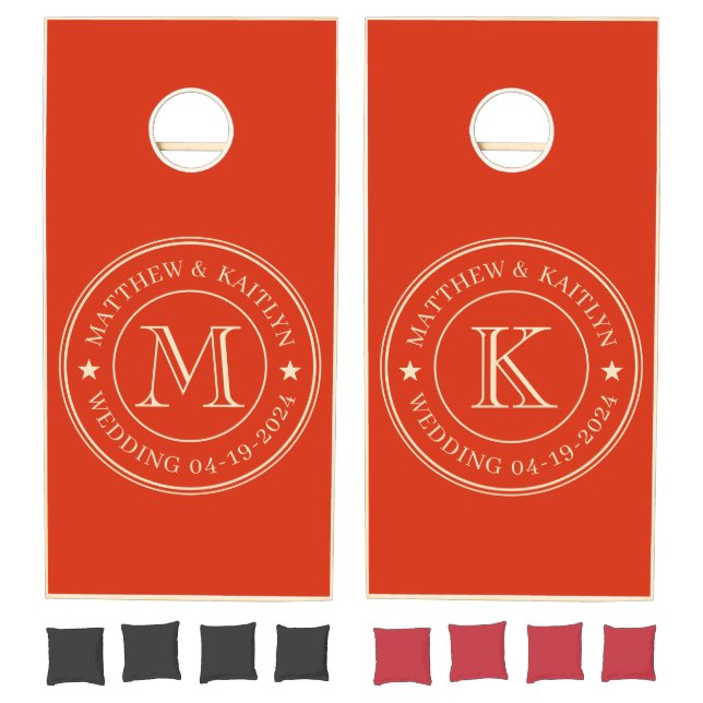 Mid-Century Blood Orange Wedding Monogram Star Cornhole Set (Set)