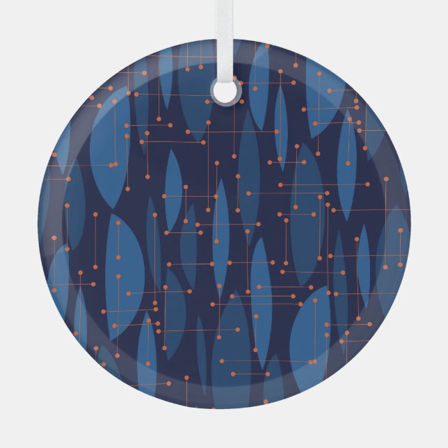 Mid-Century Blue Atomic Seamless Pattern Glass Ornament (Front)