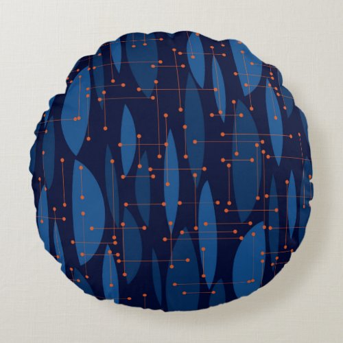 Mid_Century Blue Atomic Seamless Pattern Round Pillow