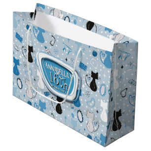 Mid Century Blue Heart Cats Birthday Large Gift Bag