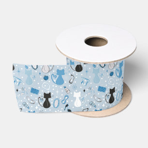 Mid Century Blue Heart Cats Satin Ribbon