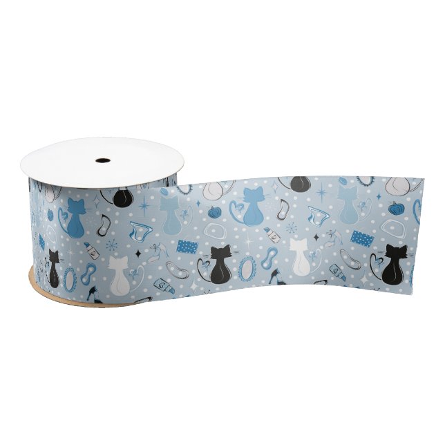 Mid Century Blue Heart Cats Satin Ribbon (Spool)