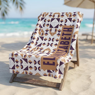 Mid-Century Boho Purple & Mustard Chic Custom Name Beach Towel